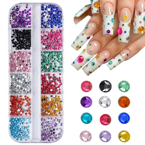12 colors of flatback nail art rhinestones kit with storage box and manicure display