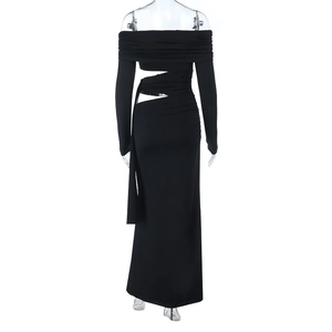 Detail view of the open back and cut-out waist design of this black evening dress