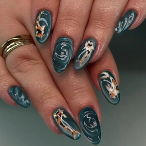 Chic New Chinese Style Press On Nails ABS Plastic 3D Relief Water Ripple Cat Eye Effect Koi Fish Pattern Almond Shape