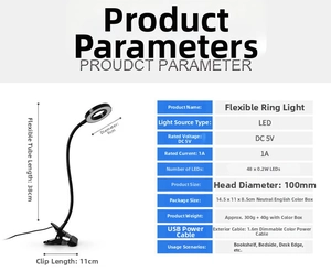Detail view of LED ring lamp dimensions featuring 38cm flexible hose and 9cm light head