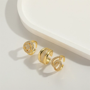 Three-piece set of gold-plated adjustable open rings with zircons and heart pattern