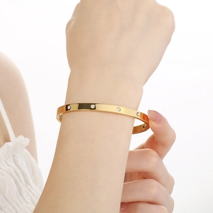Detail of gold crystal-paved titanium steel bracelet on wrist with polished finish