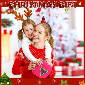 Christmas makeup bag in rose pink with holly embroidery, presented as a festive gift box