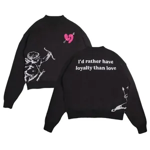 Maglione nero a girocollo con grafica Cupido e citazione sul retro per uno stile urbano