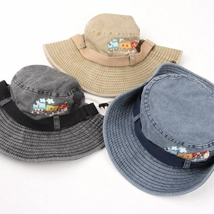 Three cotton embroidered bucket hats with cartoon train design and adjustable windproof cords