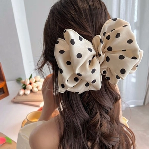 Polka Dot Large Bow Hair Clip For Women French Retro Satin Fabric Spring Clip Ponytail Holder Sweet Hair Accessories