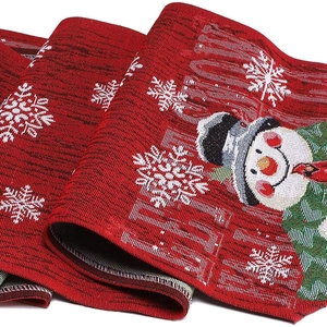 Christmas snowman embroidery table runner in red cotton jacquard fabric for holiday decor