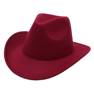 Detailed view of the dark red wool felt cowboy hat with wide brim and stitched edges