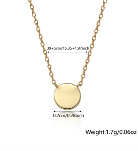 Detail showing 39+5cm adjustable chain length and 0.7cm gold circular pendant size