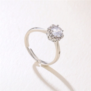 Adjustable S925 silver snowflake ring with halo zircon center and geometric shadows