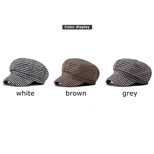 Classic houndstooth octagonal newsboy caps in white, brown and grey plaid patterns