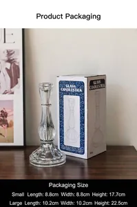 Detailed size chart for European ribbed glass candle holders in small and large packaging