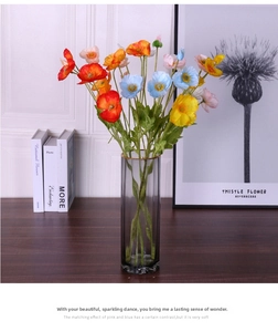 Vibrant 4-head silk poppy bouquet in a gray glass vase with elegant gold-rimmed neck