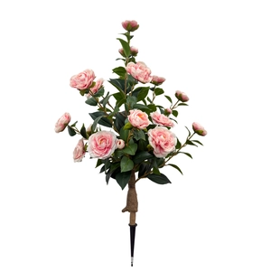 Artificial pink camellia tree with green leaves and black ground stake for decoration