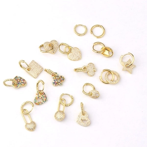 18K gold huggie hoop earrings with micro-pave cubic zirconia hearts and charms