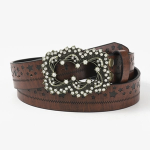Brown vintage punk leather belt with rhinestone buckle and star-shaped hollow pattern