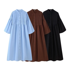 Women's pleated bubble sleeve dress with round neck buttons in blue, brown, and black