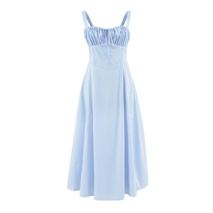 French Retro Ruched Camisole Midi Dress Backless Tie-Back Side Slit Slim Fit Square Neck Polyester Women