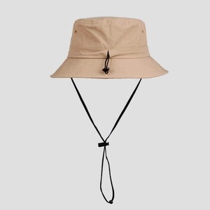 Detail of adjustable windproof drawstring and buckle on khaki nylon sun hat