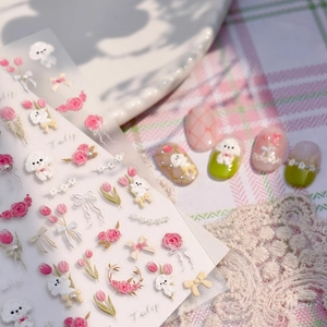 Autocollants 3D pour ongles tulipes roses, roses et chiot blanc avec texture de broderie