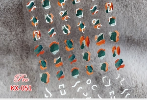 Macro view of KX-051 ultra-thin 5D nail stickers with green and orange abstract patterns