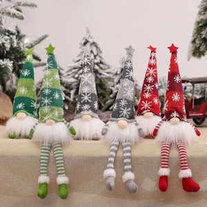 Set of six glowing Christmas forest gnomes with knitted hats and plush beards for decor