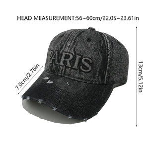 Detailed dimensions of gray washed denim baseball cap with Paris embroidery and frayed brim