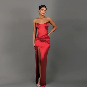 Abito Lungo Sexy In Raso Senza Spalline Per Donna Elegante Vita Con Nodo Spacco Alto Vestito Da Sera Party