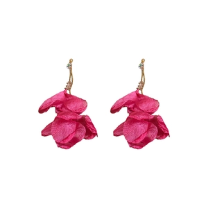 Elegant peach pink lace flower drop earrings with golden S-curve hooks and crystals