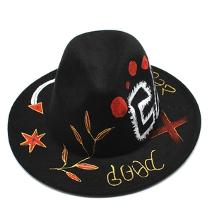 Chapeau fedora noir en laine avec motifs graffiti peints à la main et bord plat unisexe