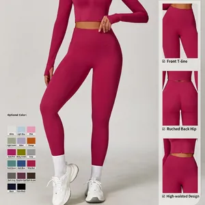 High waist burgundy yoga set with long sleeve zipper jacket and scrunch butt leggings
