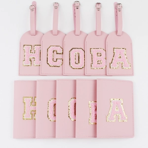 Passport Holder And Luggage Tag PU Leather Pink Chenille Letter Patch Glitter Varsity Style Travel Accessories For Women