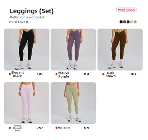 Detail of high waisted yoga leggings with V-shaped waistband in five matte colors