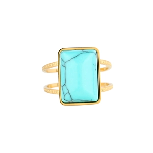 Detailed view of golden ring featuring rectangular turquoise stone and beaded edges