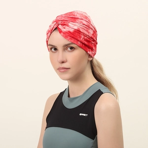 Red and white tie-dye turban hat with twist design made of soft double-layer fabric