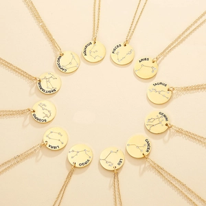 Golden 12 zodiac constellation pendant necklaces with crystal stars arranged in a circle