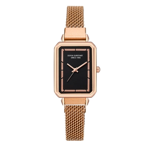 Elegant rose gold rectangular watch for women with black dial and Milanese mesh band