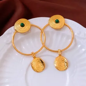Boucles d'oreilles vintage en plaqué or avec malachite verte et pendentifs spirale