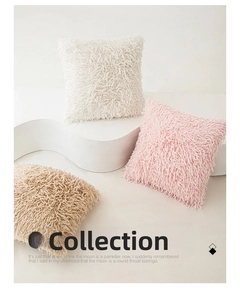 Collection of plush faux fur cushion covers in white, pink, and light brown tones