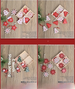 Detailed view of 8 or 12 piece Christmas wooden pendant sets in a rustic wooden organizer box