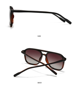 Side and back view of retro double bridge square sunglasses in dark tortoiseshell frame