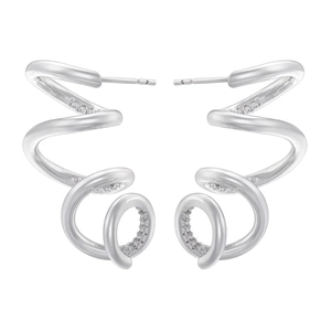 Polished silver spiral earrings featuring micro-paved white zircons on a white background