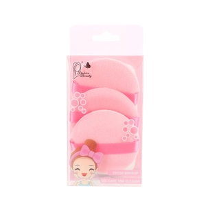 Three-pack soft pink round powder puffs with satin ribbon and transparent storage box
