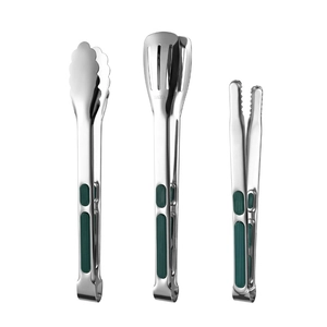 Three-piece stainless steel food tongs set with green silicone handles for BBQ and baking