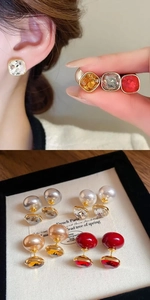 Detailed set of 18K gold plated square crystal earrings and pearls in a jewelry display box