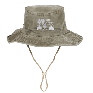 Olive green washed cotton fisherman hat with sasquatch embroidery and adjustable chin cord