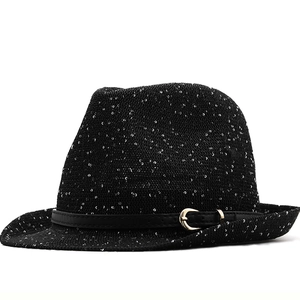 Sequin Fedora Hat Woven Glitter Jazz Cap With Leather Belt Metal Buckle For Stage Beach Party