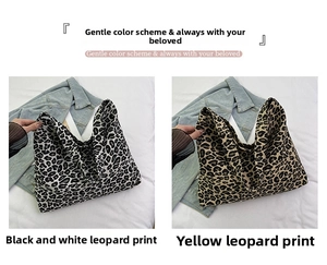 Detailed comparison of black-white and yellow leopard print tote bags on white background