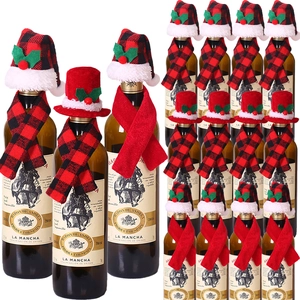 Christmas Wine Bottle Cover Bag Decor Set Red Black Plaid Mini Santa Hat And Scarf For Party Kitchen Table Decoration