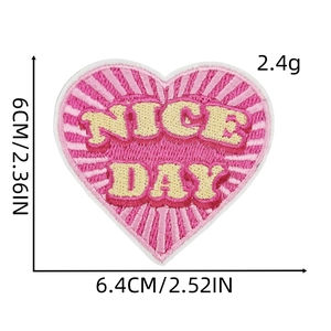 Pink heart embroidery patch with yellow NICE DAY text measuring 6cm by 6.4cm for clothing